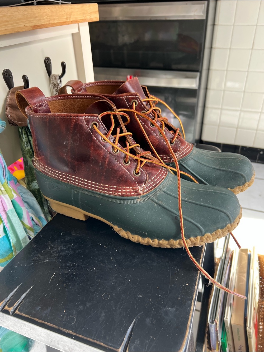 L.L. Bean Two-Tone Brown Leather Bean Boots with Green Heel Panel